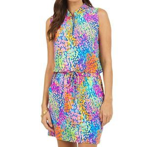 IBKUL Camille Sleeveless Drawstring Dress L XL Blue Multi